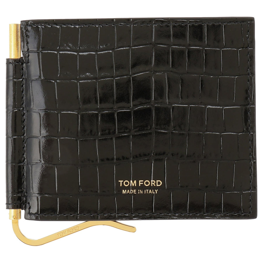 TOM FORD Y0231 LCL239G 1N001 クロコ型押し マネークリップ付 二つ折り財布（小銭入れ無し）ブラック メンズ ウォレット GLOSSY PRINTED CROC T LINE MONEY CLIP WALLET